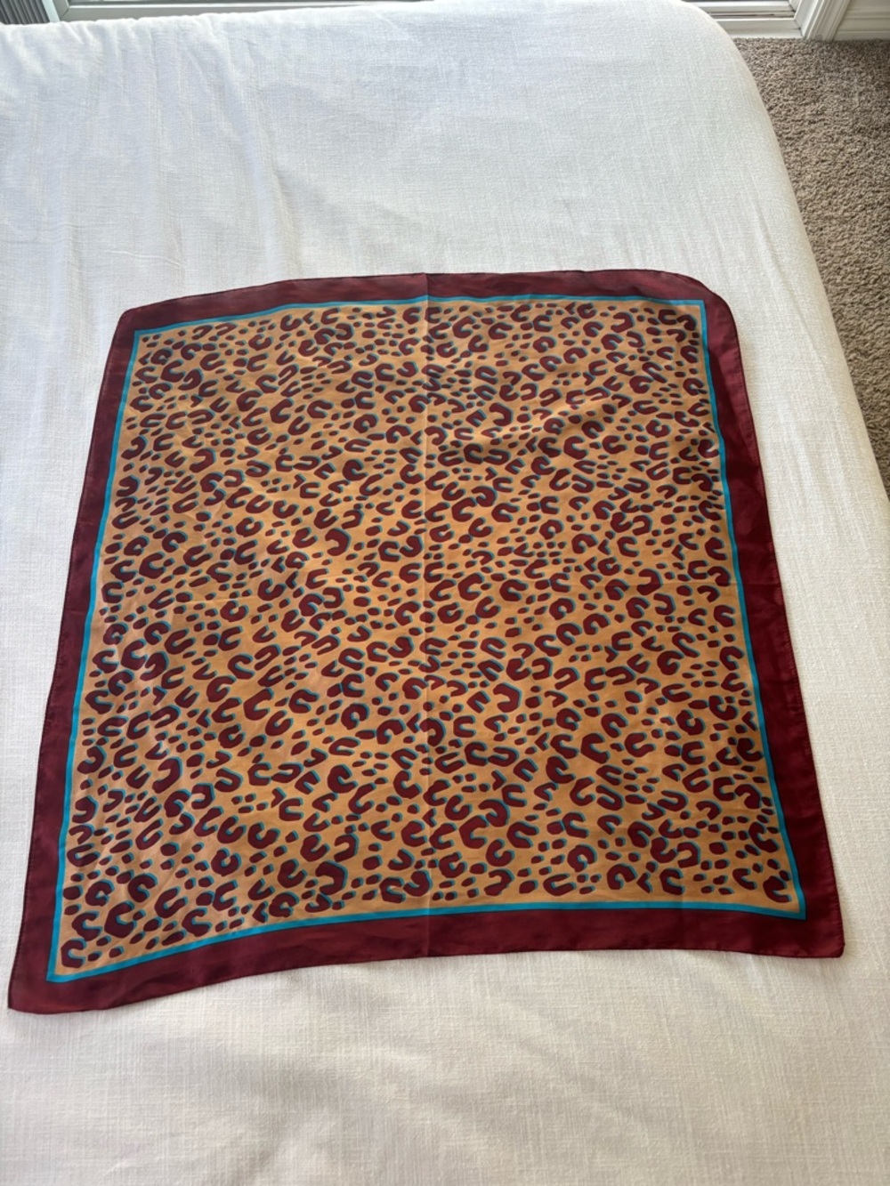 Leopard Print Silk Scarf in Tan, Burgundy & Teal